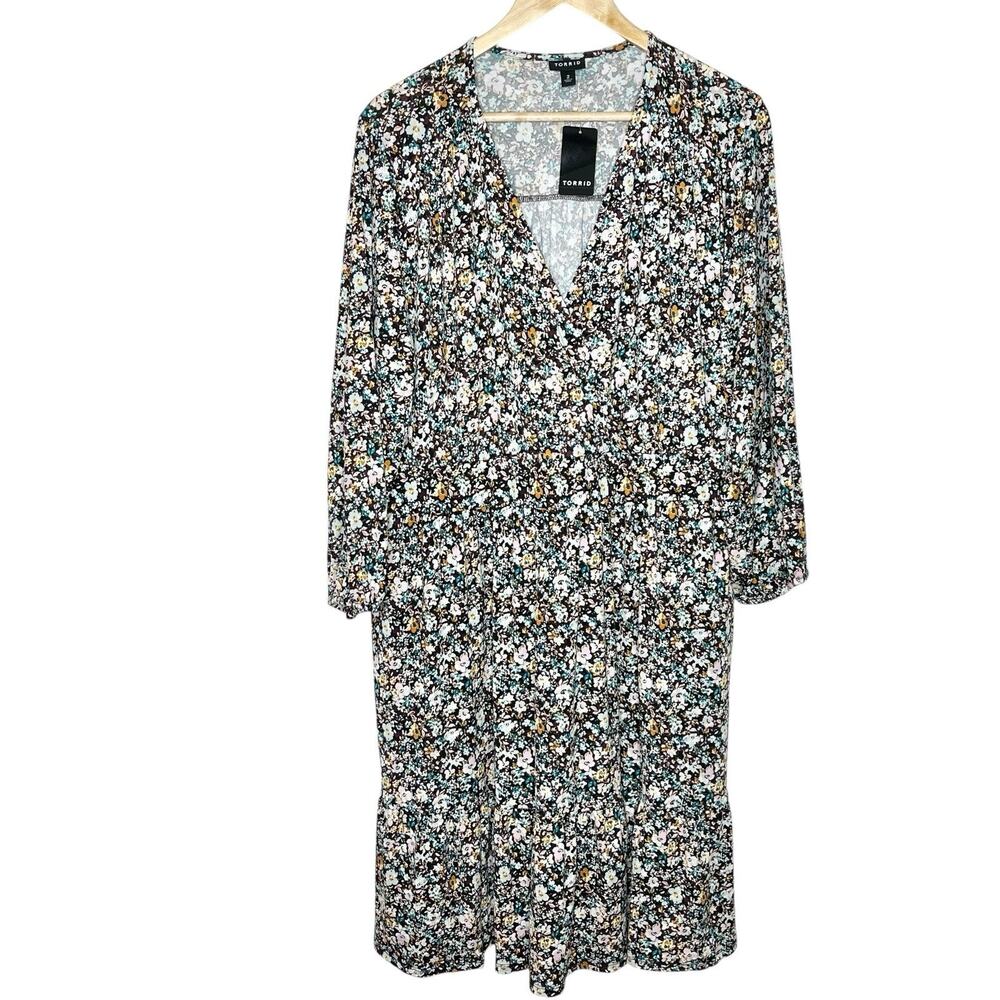 Torrid Floral Print Tiered Faux Wrap Dress Burgundy Womens 2X Work Office